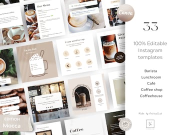 33 Instagram posts templates | Coffee shop, cafe | Lunchroom | Barista | Edition: Mocca |  Editable / customize in Canva