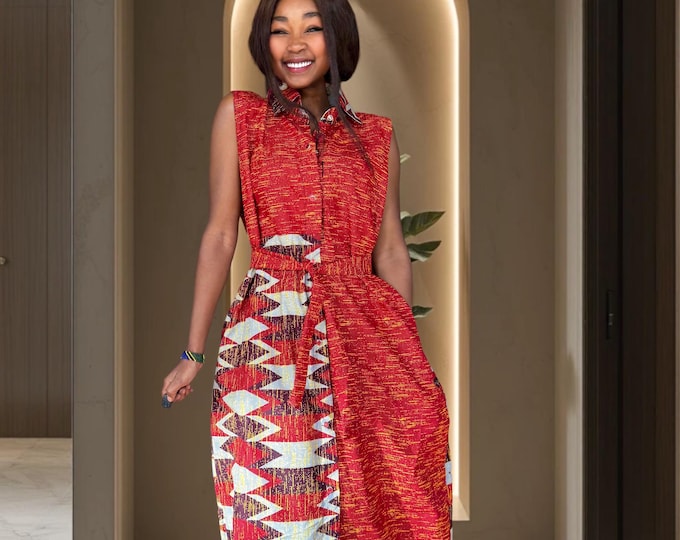 Featured listing image: Red African Print Maxi Dress | Geometric Panel, Button-Down