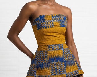 Blue & Gold African Print Peplum Dress | Handmade Ankara Mini Dress with Scarf