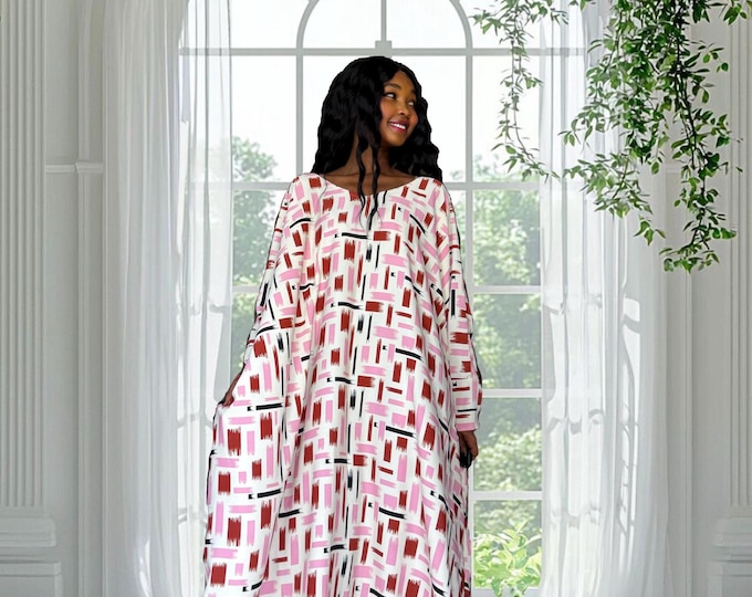 Featured listing image: Handmade Brushstroke Kaftan Dress: Pink African Bubu, One Size Maxi
