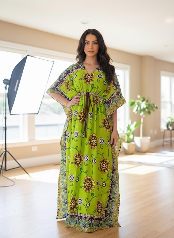 Green Kanga Kaftan Dress – Handmade in Zanzibar, African Traditional Cloth One Size