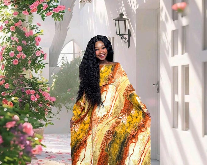 Featured listing image: Bold Yellow Marble Kaftan Dress – Handmade African Print Bubu, Lightweight, Fits S-2XL – Perfect for Evening, Occasion, or Vacation Wear