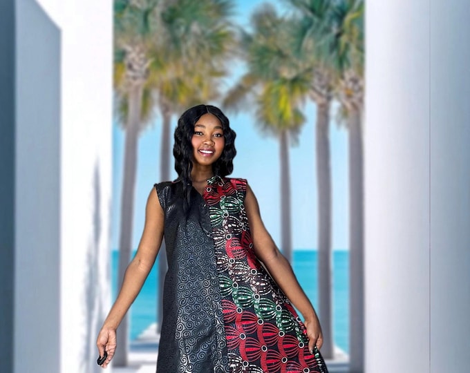 Featured listing image: Black & Red Ankara African Dress – Button-Up Kitenge Maxi with Pockets, Waist Tie and a Styling Cloth | Handmade S–L| occasion dress