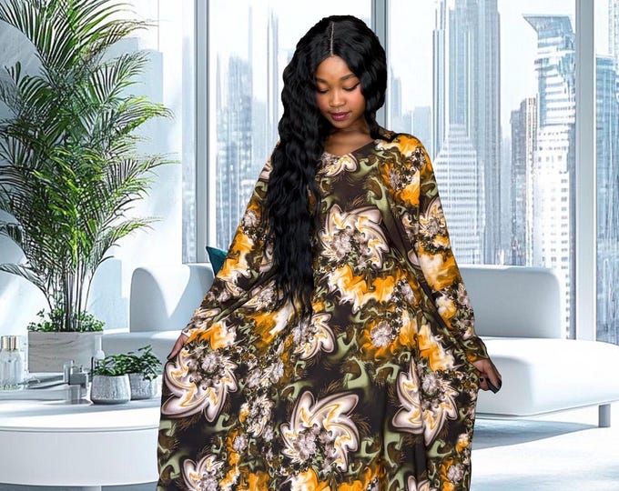 Featured listing image: Handmade African Bubu Dress: Brown Marble English Satin Kaftan (Fits S-2XL)