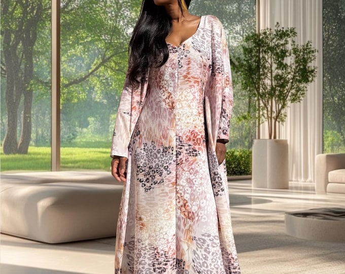 Featured listing image: Neutral Leopard Print Satin Kaftan – One Size S-2XL | African Handmade Abaya Dress, Modest Fashion Maxi, Soft Lounge Kaftan, Resort Wear