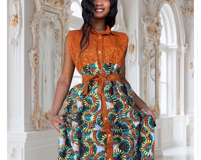 Featured listing image: Orange Kente fabric African Dress – Button-Up Cotton Maxi Dress with Waist Tie & Accessory Cloth | Handmade S–L