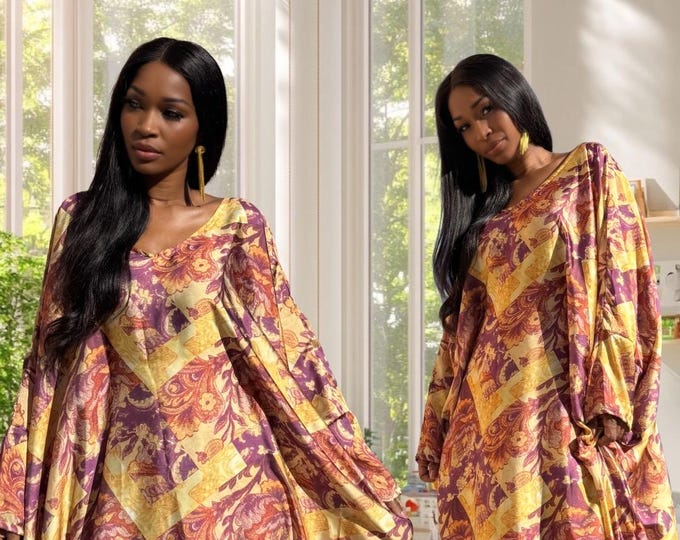 Featured listing image: Gold & Maroon Royal African Kaftan – Satin One-Size Abaya Dress S-2XL | Luxe Maxi Resort Gown, Special Occasion Kaftan, African Fashion Hand