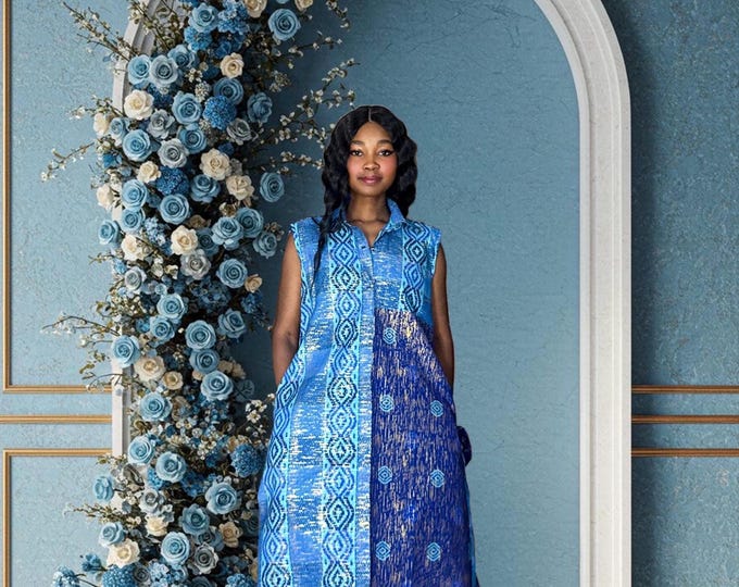 Featured listing image: Blue Kente African Maxi Dress – Cotton Ankara Button Down with Waist Tie & Accessory Cloth | Handmade S–L