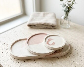 Handmade Marbled Tray Set, Oval and Round Vanity Trays, Blush Pink Decorative Organizer