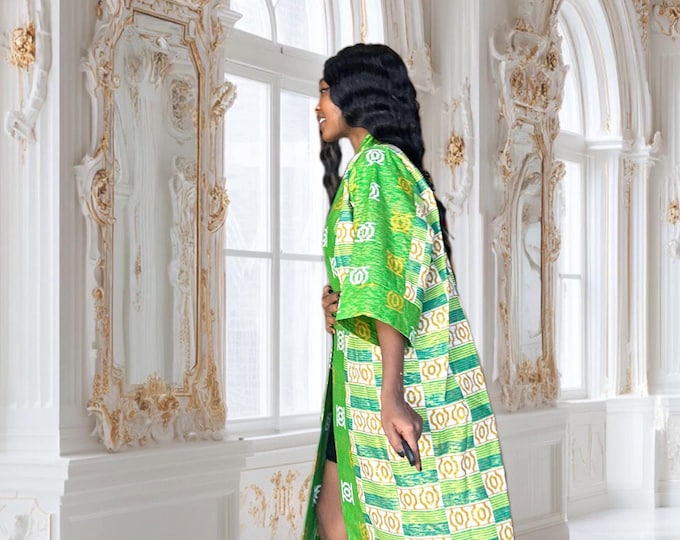 Featured listing image: Green African Kimono Robe – Long Ankara Open Jacket with Styling Cloth | One Size Fits All (S–3XL)