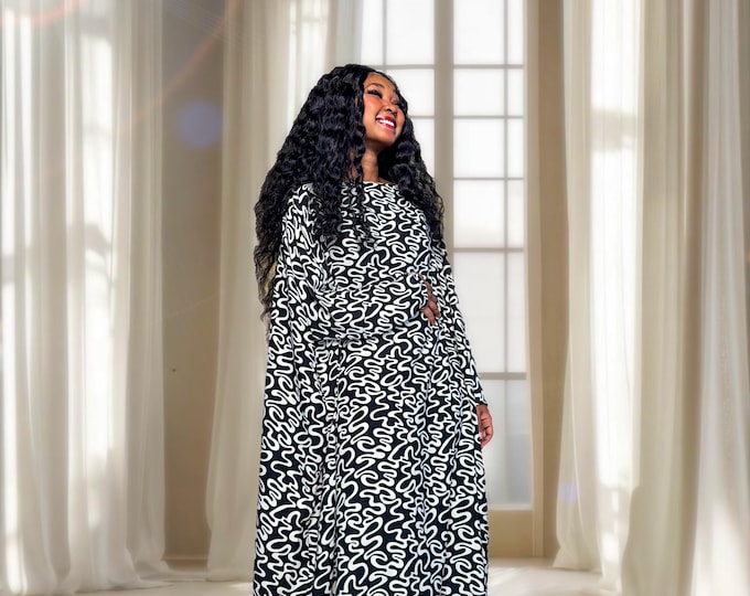 Featured listing image: Elegant Black & White African Print Kaftan – Handmade Oversized Dera Gown, Fits S-2XL – Perfect for Weddings, Events, or Lounging