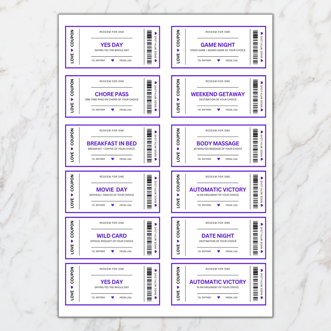 Valentines Printable Love Coupon Book Love Coupon Book for Her Custom Editable Coupon Ticket ...