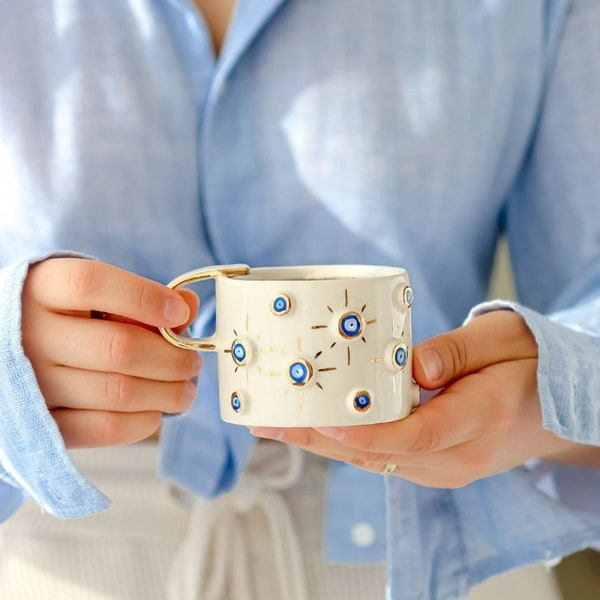 Eye Grains Coffee Mug, Evil Eye Coffee Mug, Gold Detail, Coffee Mug, Ceramic Coffee Mug, Coffee Cup, Coffee Mugs, Ceramic Mug, Handmade Mug,