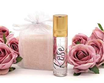 Rose Perfume Set - Roll On Fragrance Oil & Solid Block // Natural // Vegan // Alcohol Free // Pocket Size // Cruelty Free
