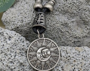 Zodiac Celestial Astral Sun and Moon Rope Necklace Large Round Disc Pendant