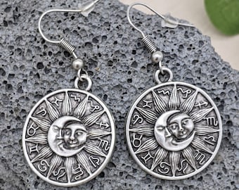 Zodiac Celestial Astral Sun and Moon Large Round Disc Dangle Drop Hook Earrings