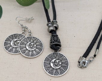Zodiac Celestial Astral Sun and Moon Necklace and Dangle Drop Hook Earrings Large Round Disc Set