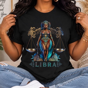Libra Birthday T-Shirt Gift For Her September TShirt Libra Zodiac Shirt Astrology Black African American Woman Scale Top Horoscope Crewneck - Black