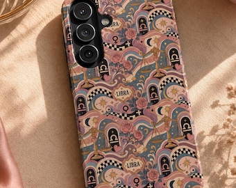 May include: A rectangular phone case featuring a repeating pattern of Libra zodiac scales, pink roses, checkered waves, and celestial symbols in shades of blue, pink, and cream. The word LIBRA is printed in small decorative labels throughout the design.