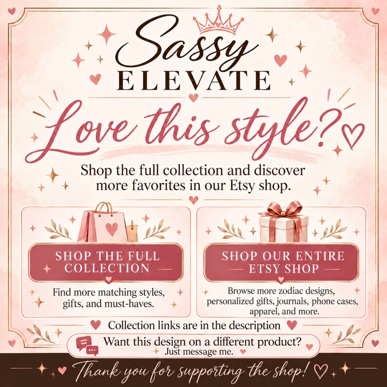 May include: A promotional graphic with a light pink background featuring the text Sassy Elevate, Love this style?, Shop the full collection, Shop our entire Etsy shop, and other instructional text. It includes icons of a gift bag and a gift box.