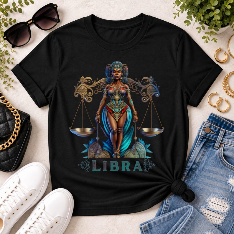 Libra Birthday T-Shirt Gift For Her September TShirt Libra Zodiac Shirt Astrology Black African American Woman Scale Top Horoscope Crewneck - Black