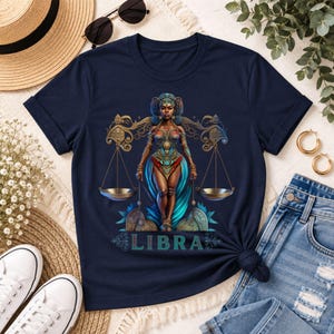 Libra Birthday T-Shirt Gift For Her September TShirt Libra Zodiac Shirt Astrology Black African American Woman Scale Top Horoscope Crewneck - Navy