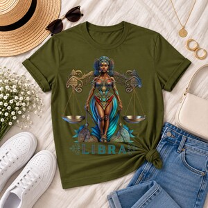 Libra Birthday T-Shirt Gift For Her September TShirt Libra Zodiac Shirt Astrology Black African American Woman Scale Top Horoscope Crewneck - Olive green