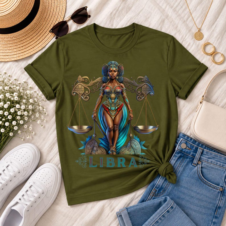 Libra Birthday T-Shirt Gift For Her September TShirt Libra Zodiac Shirt Astrology Black African American Woman Scale Top Horoscope Crewneck - Olive green