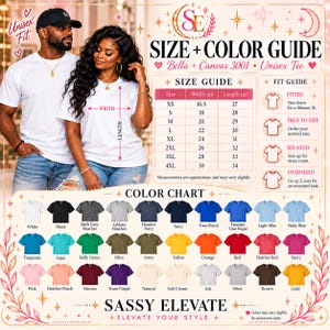 May include: A Bella + Canvas 3001 unisex t-shirt size and color guide featuring a size chart with width and length in inches, a fit guide, and a color chart displaying various shirt colors with labels like white, black, and red.