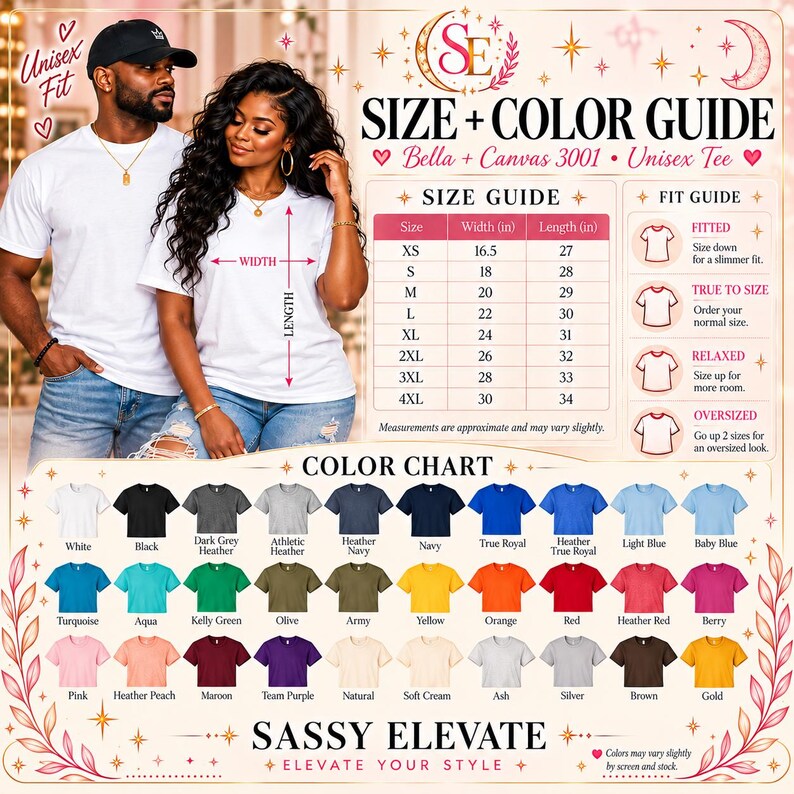 May include: A Bella + Canvas 3001 unisex t-shirt size and color guide featuring a size chart with width and length in inches, a fit guide, and a color chart displaying various shirt colors with labels like white, black, and red.