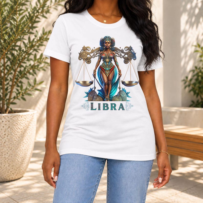 Libra Birthday T-Shirt Gift For Her September TShirt Libra Zodiac Shirt Astrology Black African American Woman Scale Top Horoscope Crewneck - White