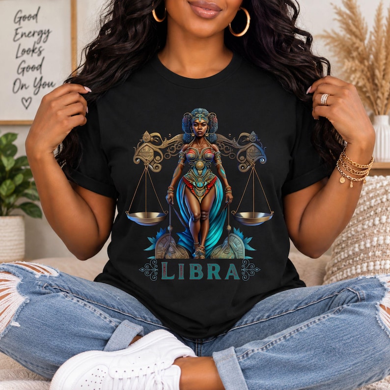 Libra Birthday T-Shirt Gift For Her September TShirt Libra Zodiac Shirt Astrology Black African American Woman Scale Top Horoscope Crewneck - Black