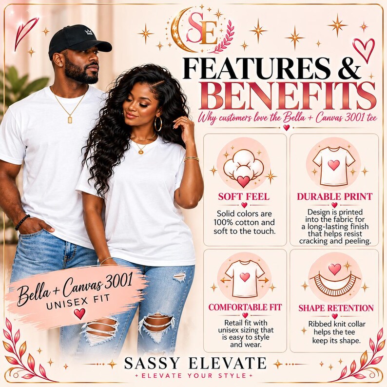 May include: A promotional graphic for Bella + Canvas 3001 unisex t-shirts featuring a person in a white t-shirt and black cap, and another in a white t-shirt. Text includes Features & Benefits, Why customers love the Bella + Canvas 3001 tee, and Sassy Elevate.