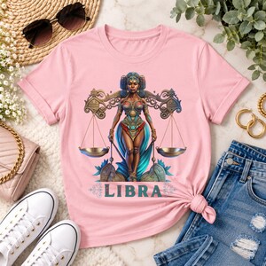 Libra Birthday T-Shirt Gift For Her September TShirt Libra Zodiac Shirt Astrology Black African American Woman Scale Top Horoscope Crewneck - Pink