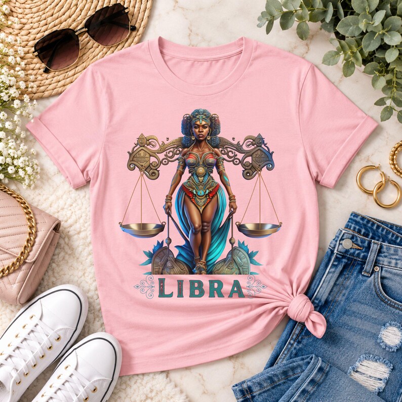 Libra Birthday T-Shirt Gift For Her September TShirt Libra Zodiac Shirt Astrology Black African American Woman Scale Top Horoscope Crewneck - Pink