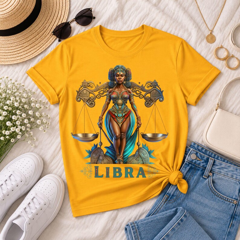 Libra Birthday T-Shirt Gift For Her September TShirt Libra Zodiac Shirt Astrology Black African American Woman Scale Top Horoscope Crewneck - Gold yellow