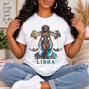 Libra Birthday T-Shirt Gift For Her September TShirt Libra Zodiac Shirt Astrology Black African American Woman Scale Top Horoscope Crewneck - White