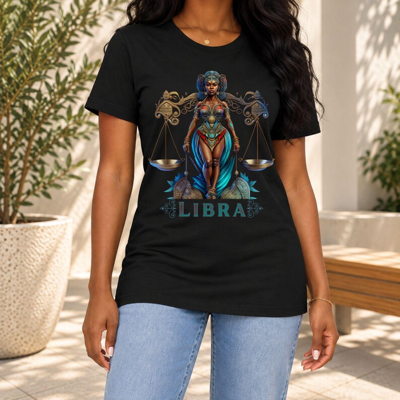 Libra Birthday T-Shirt Gift For Her September TShirt Libra Zodiac Shirt Astrology Black African American Woman Scale Top Horoscope Crewneck - Black