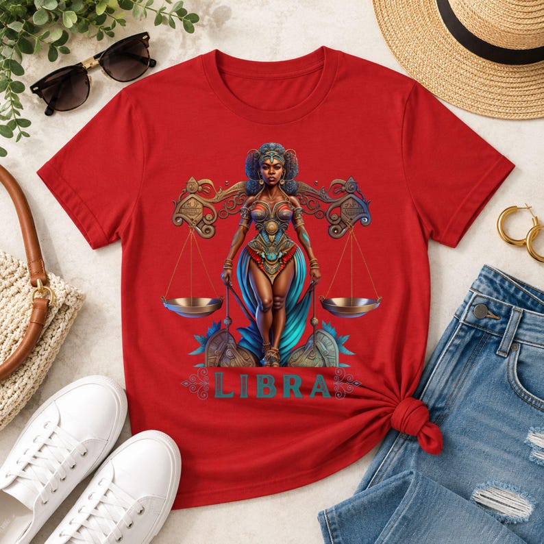 Libra Birthday T-Shirt Gift For Her September TShirt Libra Zodiac Shirt Astrology Black African American Woman Scale Top Horoscope Crewneck - Red
