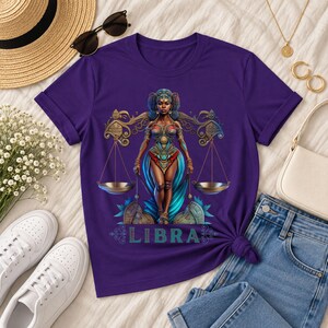Libra Birthday T-Shirt Gift For Her September TShirt Libra Zodiac Shirt Astrology Black African American Woman Scale Top Horoscope Crewneck - Purple