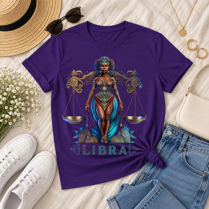 Libra Birthday T-Shirt Gift For Her September TShirt Libra Zodiac Shirt Astrology Black African American Woman Scale Top Horoscope Crewneck - Purple