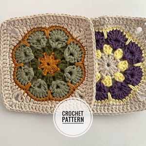 May include: Two square crochet patterns. One features a central orange starburst surrounded by olive green and tan details. The other has a purple and yellow floral design. The text "CROCHET PATTERN" is in a white circle.