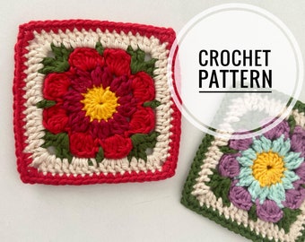 Schema all'uncinetto per quadrato della nonna con fiori: download digitale in PDF