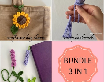 PACCHETTO / SOLO MODELLO / 3 in 1 / modello per ciondolo a forma di girasole all'uncinetto / modello per segnalibro a forma di tazza da tè / modello per segnalibro a forma di lavanda