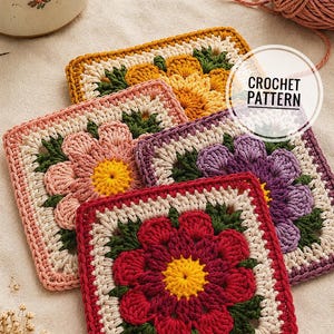 May include: Four square crochet motifs featuring floral designs in red, pink, purple, and yellow with green leaves and cream-colored borders. Each motif has a central yellow flower core. The text CROCHET PATTERN is visible in a white circular overlay.