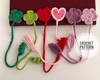 Pacchetto di modelli per segnalibri all'uncinetto 3 in 1 / Fiore, cuore e trifoglio senza cuciture / Modelli all'uncinetto facili e veloci
