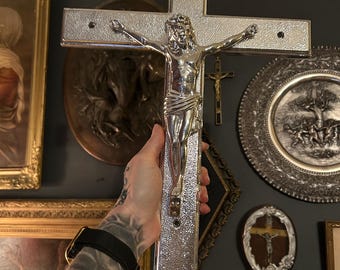 Vintage LARGE metal casket/funeral crucifix goth macabre religious