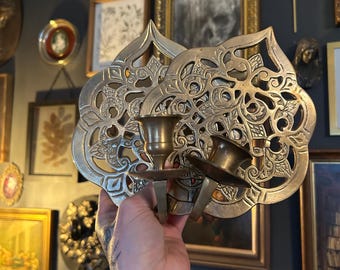 Pair vintage brass candle Sconces, Mid-Century Wall Decor