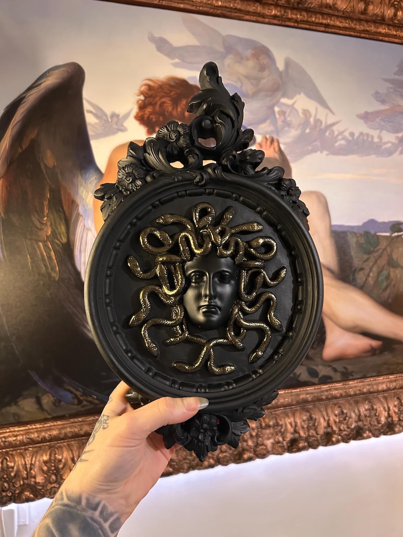 ornate plaster wall plaque with medusa (decorative, baroque, rococo, greek, feminist, gift, goth, gothic, gallery wall, handmade, wall art)