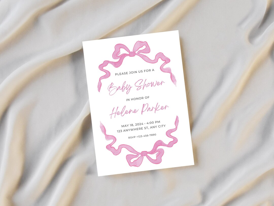 Printed Baby Shower Hand Painted Bow Invitation, Made to Order Baby